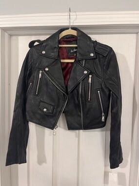 Delman Black Leather Moto Jacket with Burgundy Lining